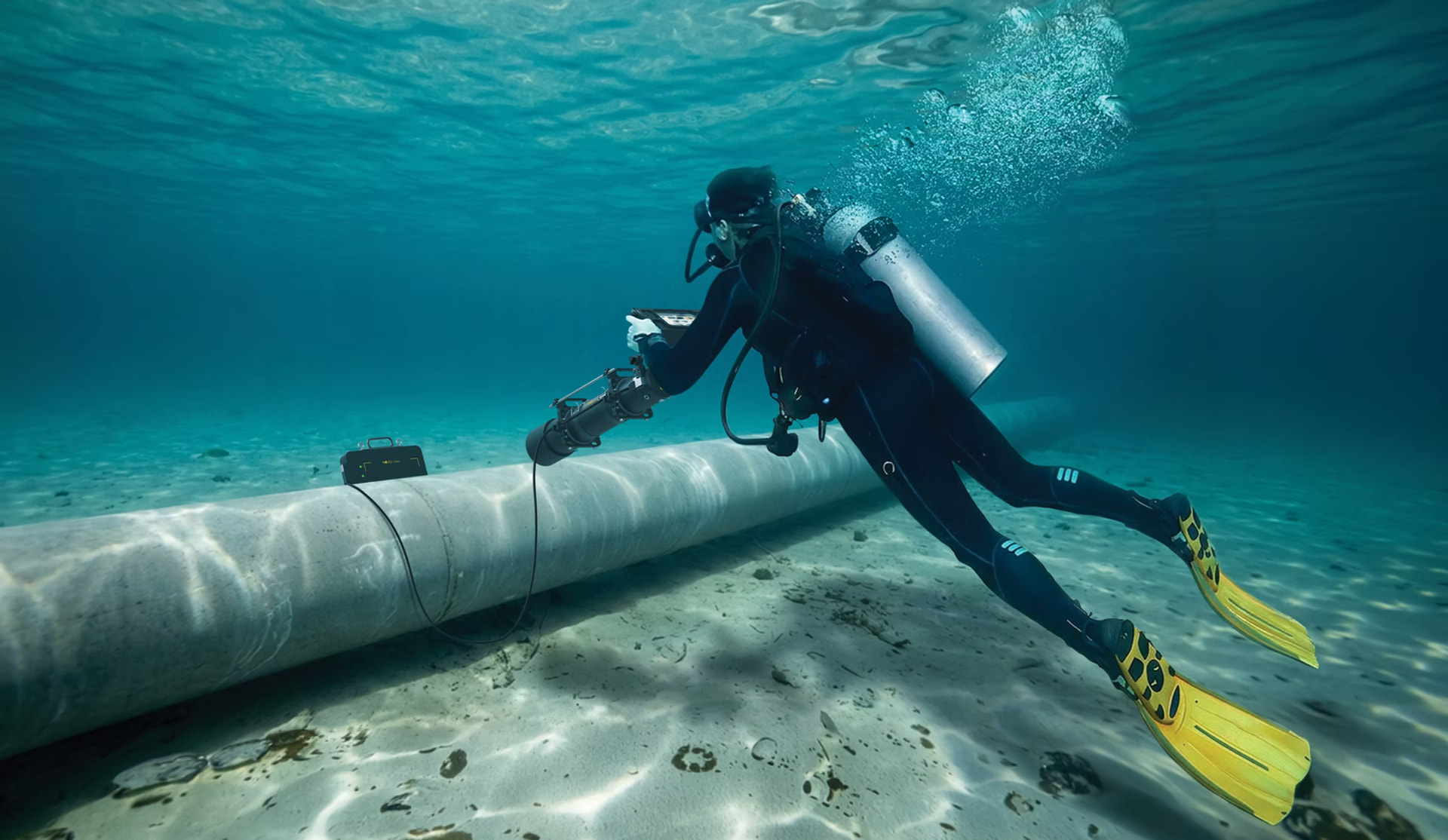 Diver inspecting a subsea pipeline with portable imaging equipment